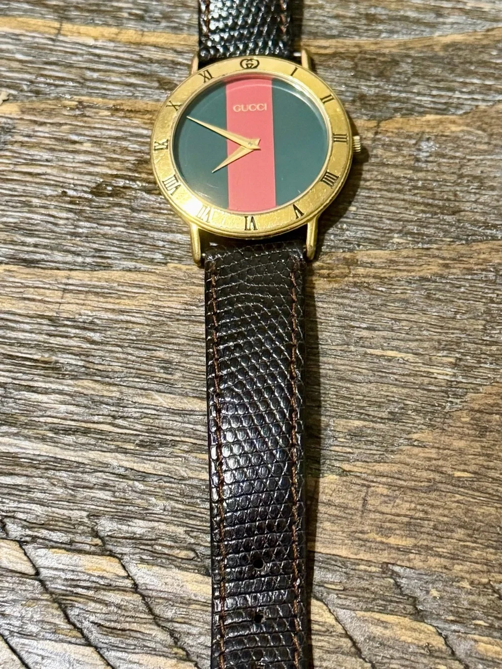 Vintage Gucci Men’s Gold Plated Watch with Green and Red Stripe Dial
